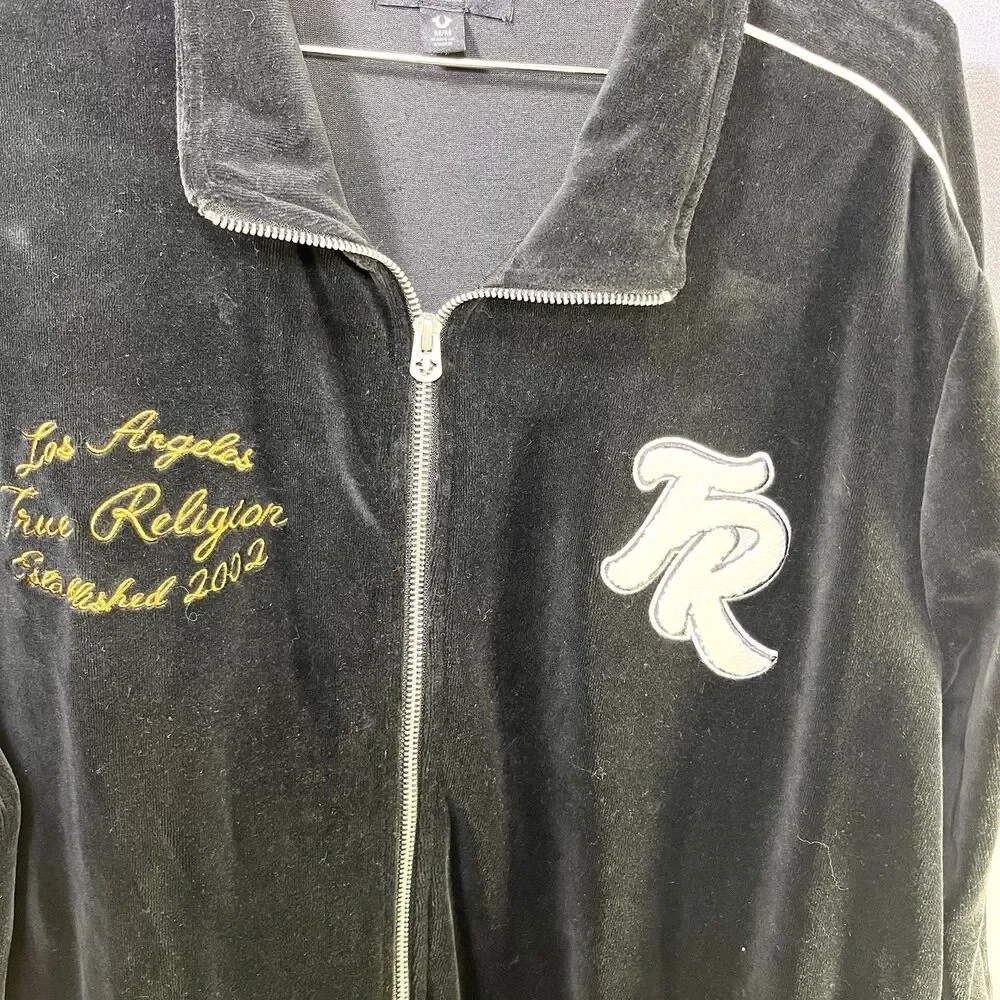 TRUE RELIGION Black Velour Track Jacket Streetwear Full-Zip Striped Men's Medium